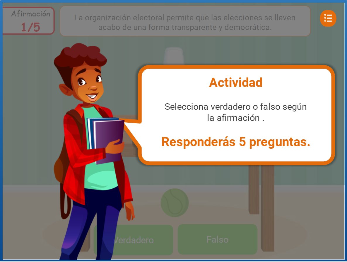 Actividad interactiva de verdadero o falso sobre la organización electoral, con cinco afirmaciones